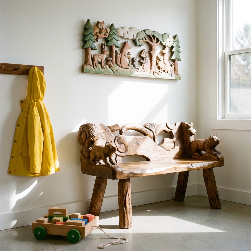 Hand-carved wood bench in a family entryway