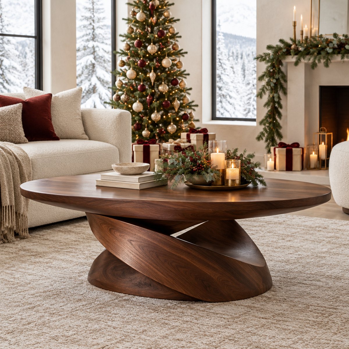 Sculptural walnut coffee table in a living room decorated for Christmas