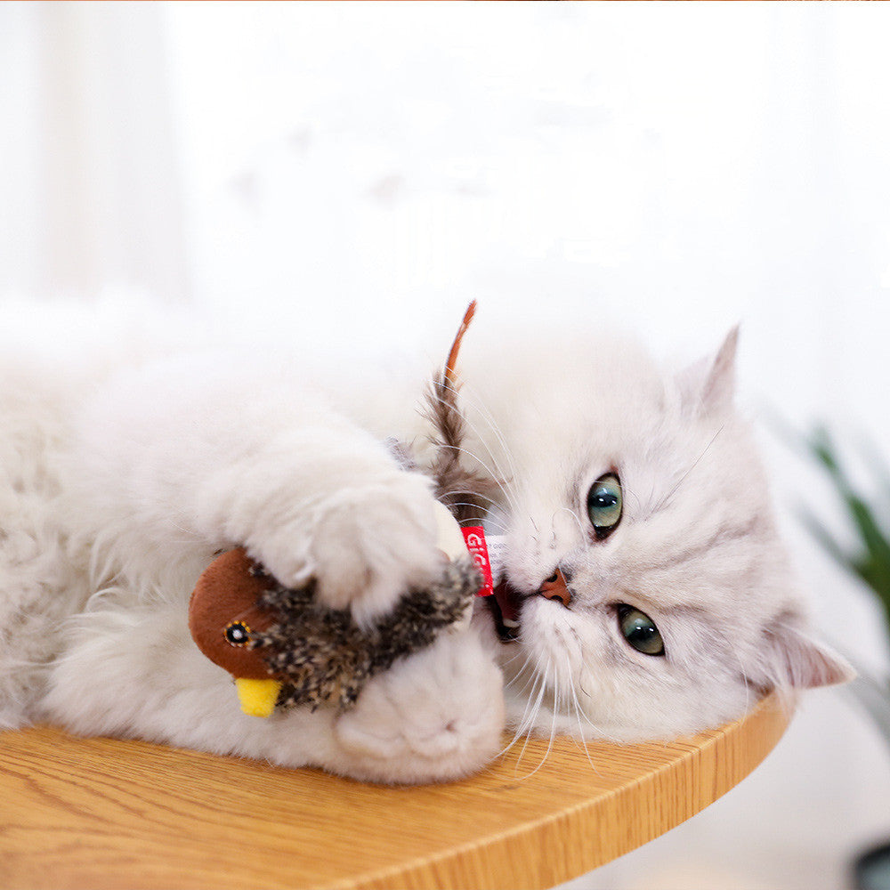 Interactive Cat Toy, Motion Activated Chirping Bird with Soft Plush Body and Feather Tail, Self Play Hunting Toy for Indoor Cats