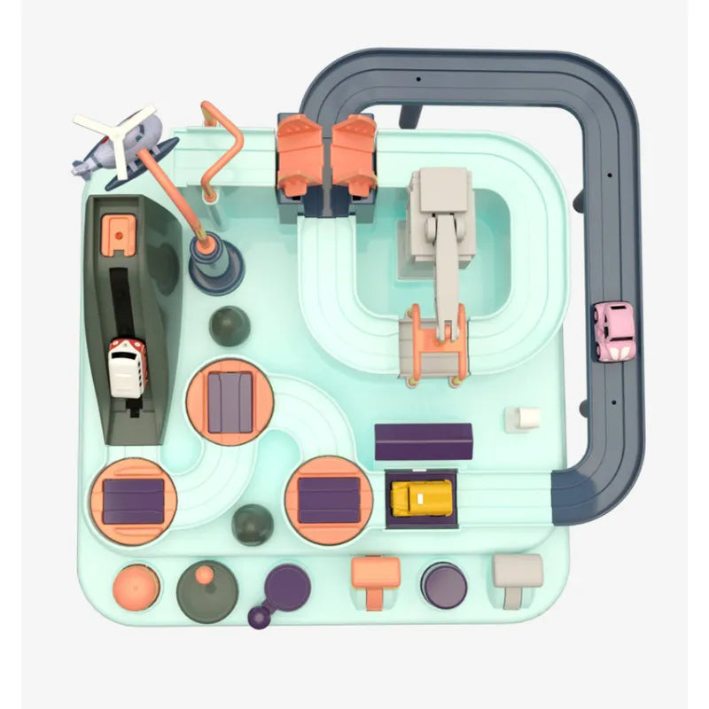 Kids Car Track Playset with Levers, Gates and Toy Cars, Interactive Screen Free Learning Toy for Boys and Girls