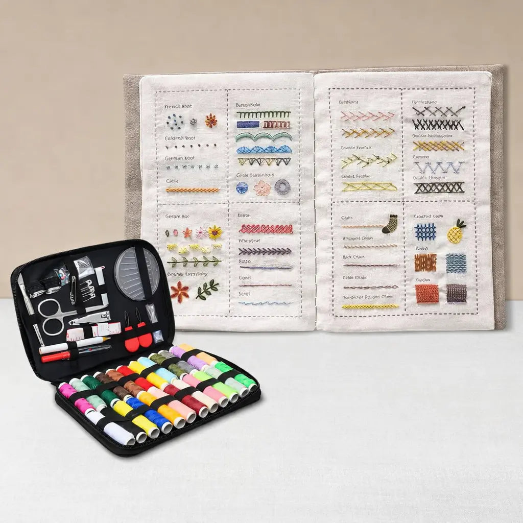 Embroidery Kit with Fabric Stitch Sampler Book and Tool Set, Portable Hand Sewing Practice Kit for Beginners