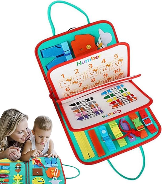 Toddler Busy Book, Quiet Activity Book with Buckles, Zippers, Laces, Counting Board and Reusable Drawing Board for Preschool Kids