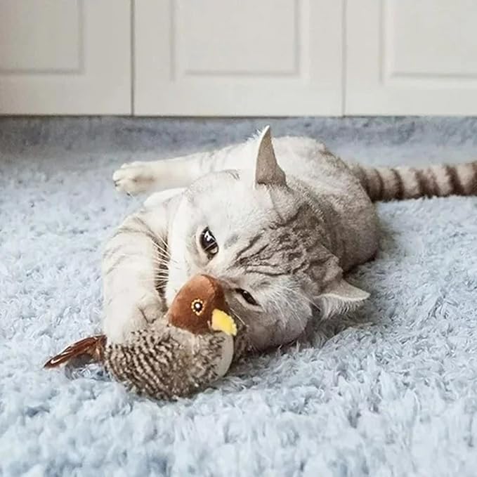 Interactive Cat Toy, Motion Activated Chirping Bird with Soft Plush Body and Feather Tail, Self Play Hunting Toy for Indoor Cats