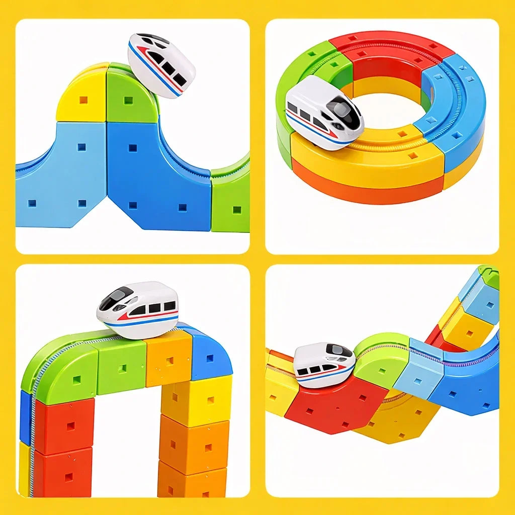 Motorized Train Track Set, Modular 3D Clip-Fit Pieces, Vertical Loops and Bridges, Creative Building Toy for Kids