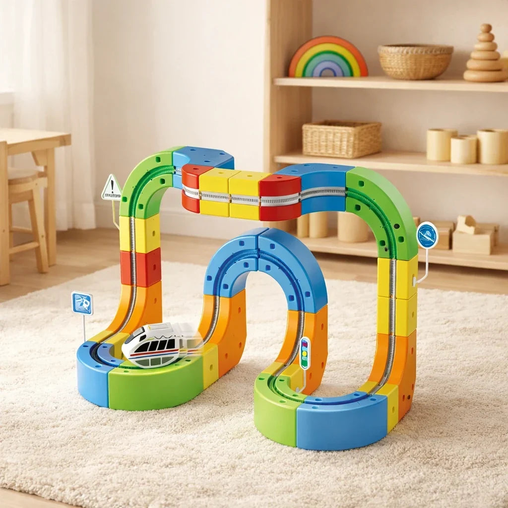 Motorized Train Track Set, Modular 3D Clip-Fit Pieces, Vertical Loops and Bridges, Creative Building Toy for Kids