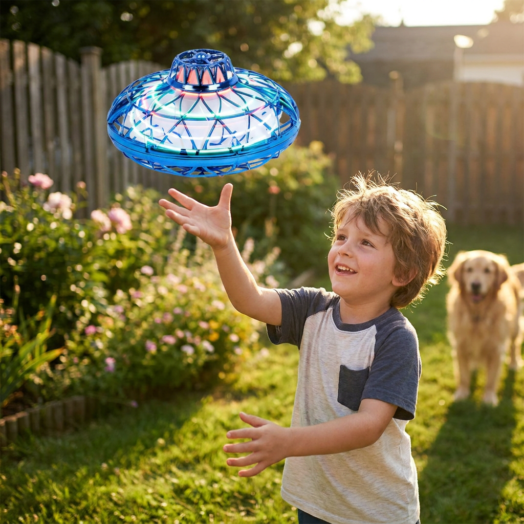 Mini Flying UFO Drone - Neon LED, USB Rechargeable, Palm-Sized Kids Toy