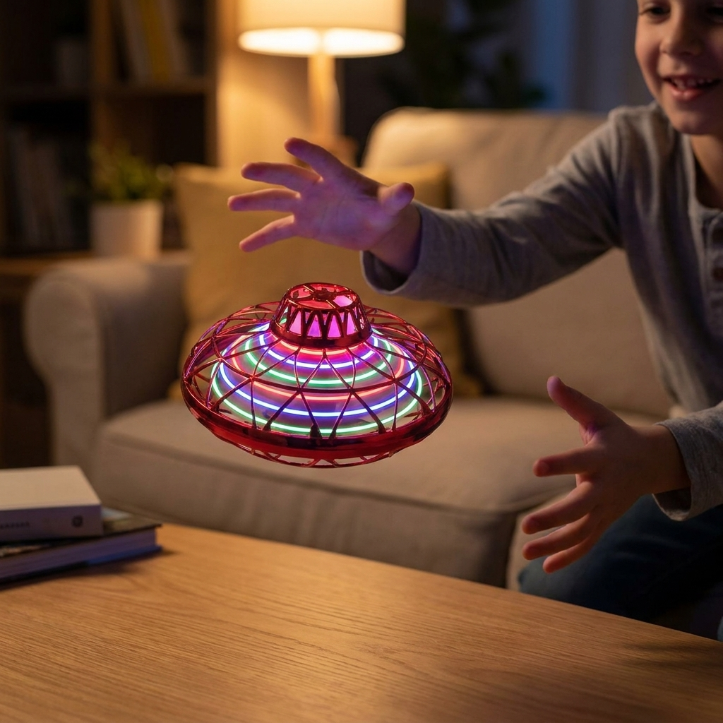 Mini Flying UFO Drone - Neon LED, USB Rechargeable, Palm-Sized Kids Toy