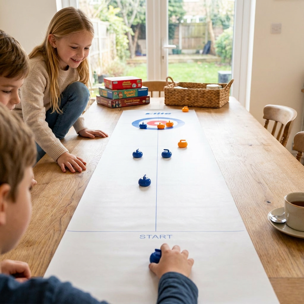 Indoor Curling Game Set, Tabletop Sliding Stone Board Game with Colored Stones and Center Target, Family Party Game for Kids and Adults