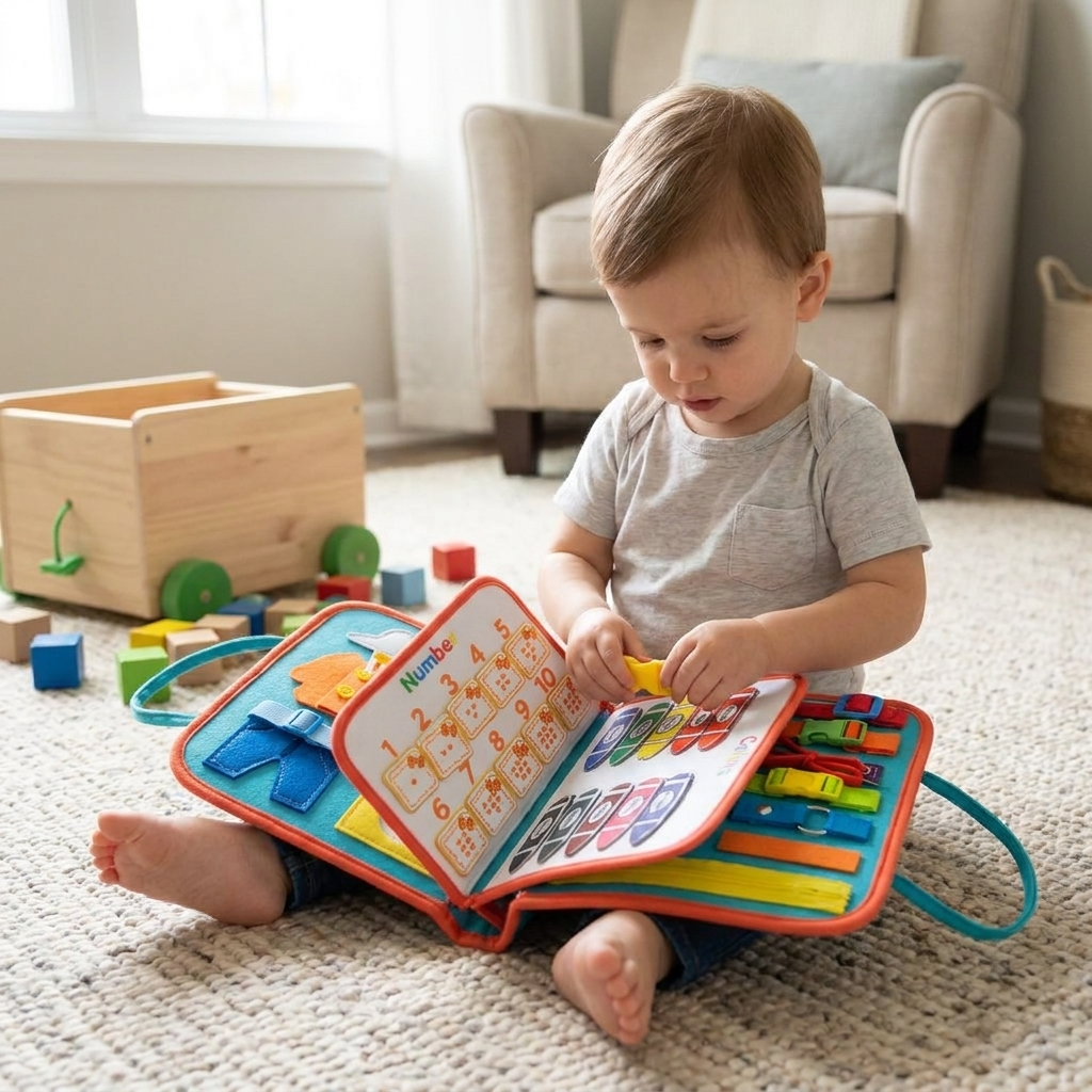 Toddler Busy Book, Quiet Activity Book with Buckles, Zippers, Laces, Counting Board and Reusable Drawing Board for Preschool Kids