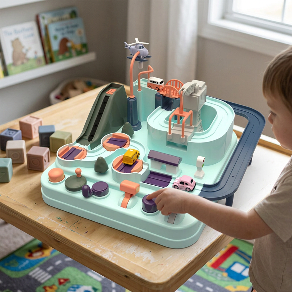 Kids Car Track Playset with Levers, Gates and Toy Cars, Interactive Screen Free Learning Toy for Boys and Girls