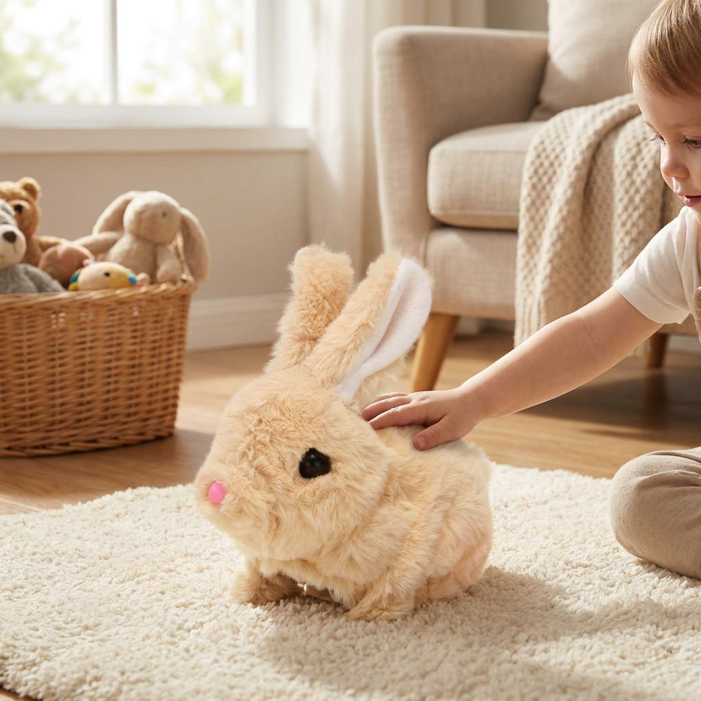 Jumping Plush Bunny Toy for Kids, Soft Interactive Walking Rabbit with Squeaky Sounds and Wagging Tail, 3 Colors