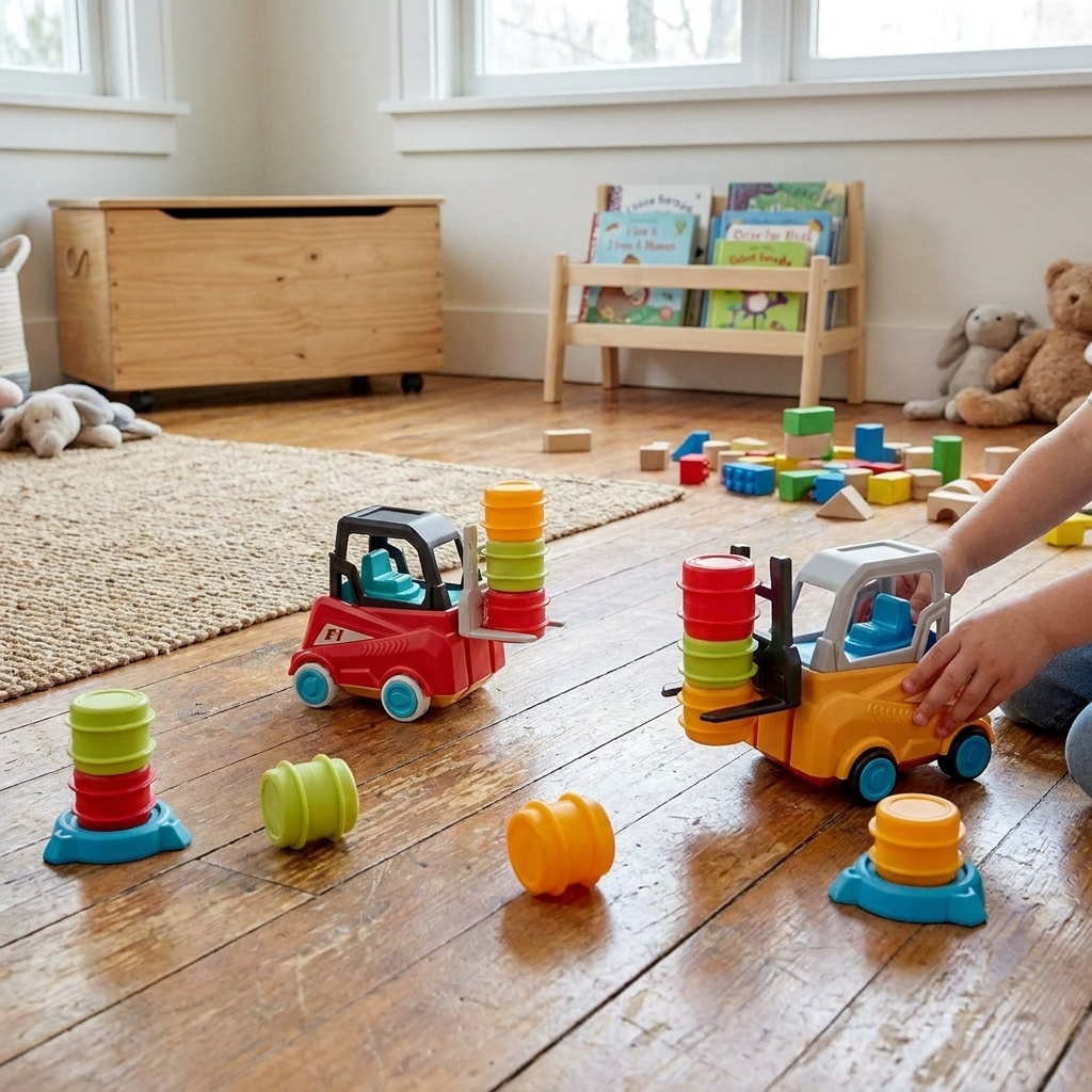 Forklift Tower Stacking Game with Miniature Forklifts and Colorful Stacking Pieces for Family Game Night