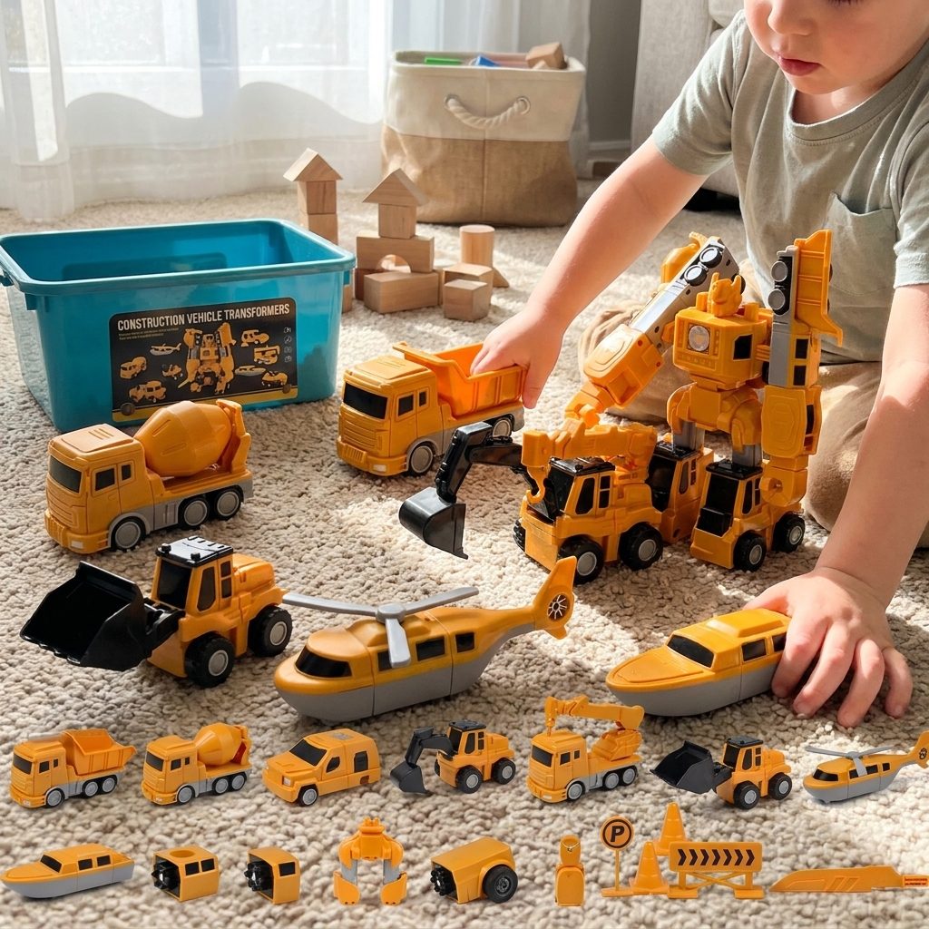Magnetic Transformer Car Set, Interchangeable Building Toy that Makes Dump Trucks, Helicopters and a Robot