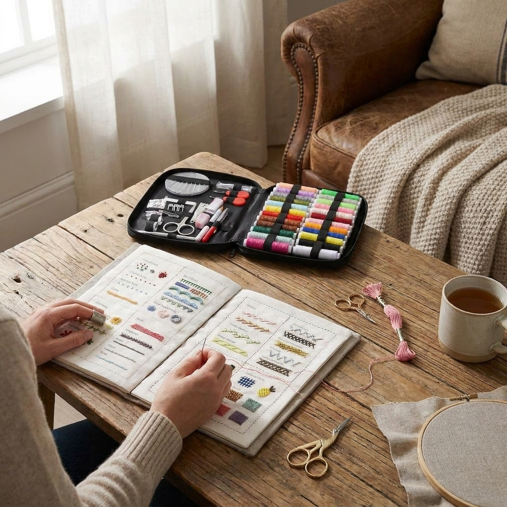 Embroidery Kit with Fabric Stitch Sampler Book and Tool Set, Portable Hand Sewing Practice Kit for Beginners