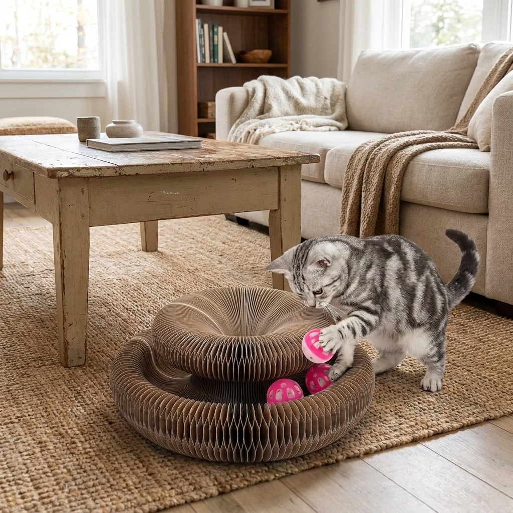 Cat Scratcher with Rolling Ball, Honeycomb Cardboard Scratching Toy for Indoor Cats, Roomy Enough for Multiple Cats