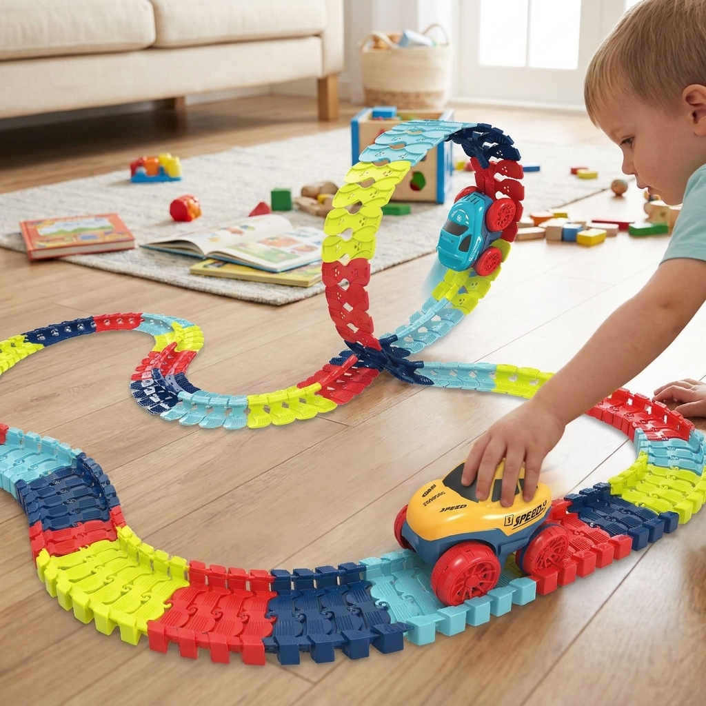 Snap Together Race Car Track Set with Light Up Climbing Car, Build Loops, Curves and Twists for Indoor Play