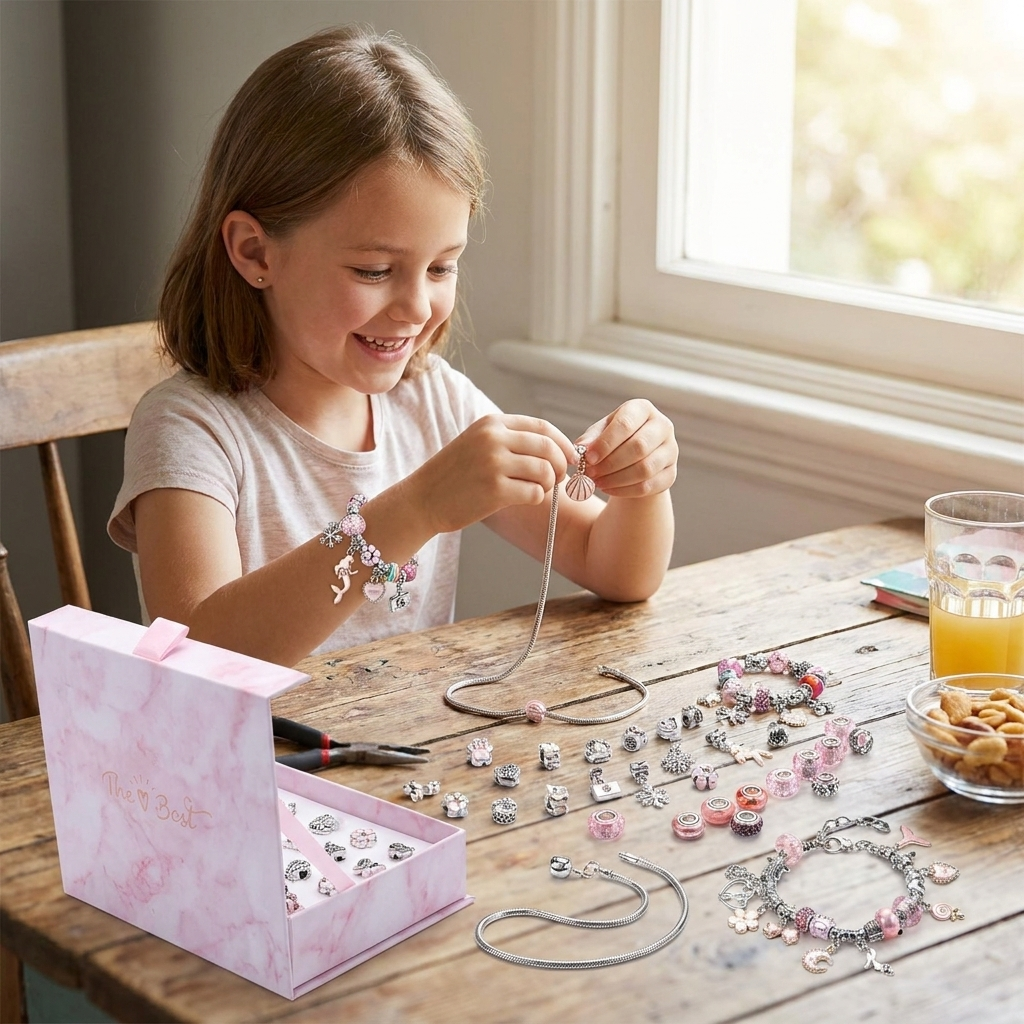 DIY Jewelry Making Kit with Colorful Beads, Charms and Adjustable String for Kids and Teen Crafters