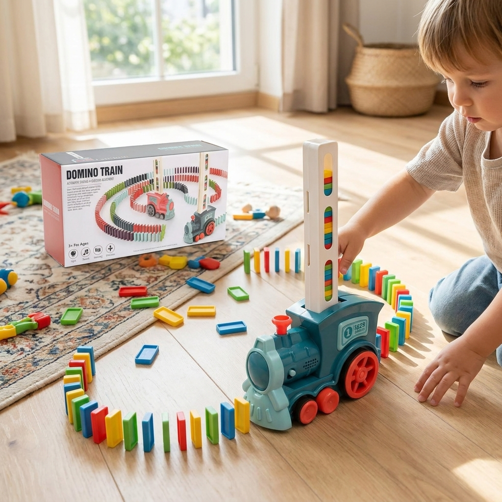 Domino Train Toy Set for Kids that Lays Dominoes Automatically for Cause and Effect Play, 2 Color Options