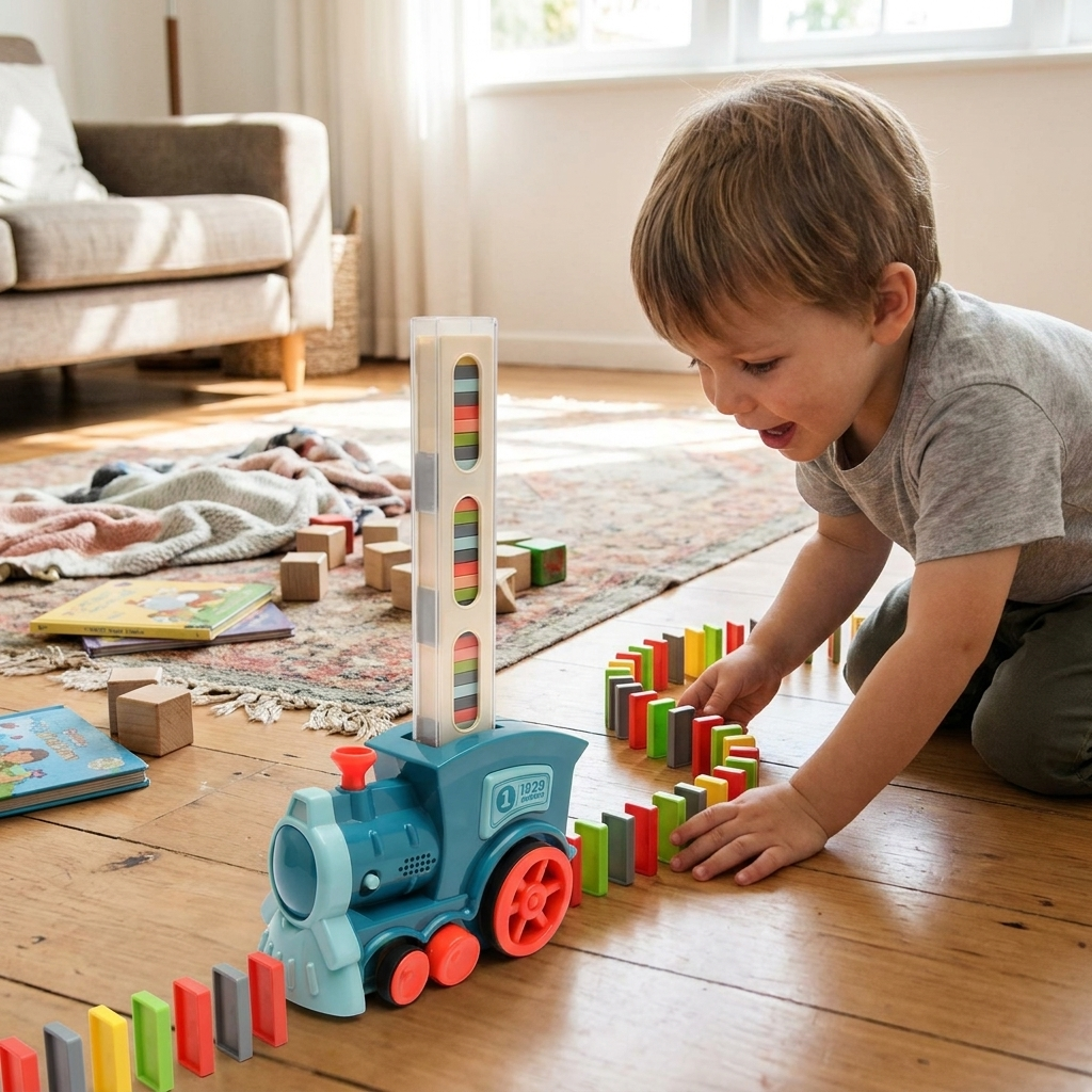 Domino Train Toy Set for Kids that Lays Dominoes Automatically for Cause and Effect Play, 2 Color Options