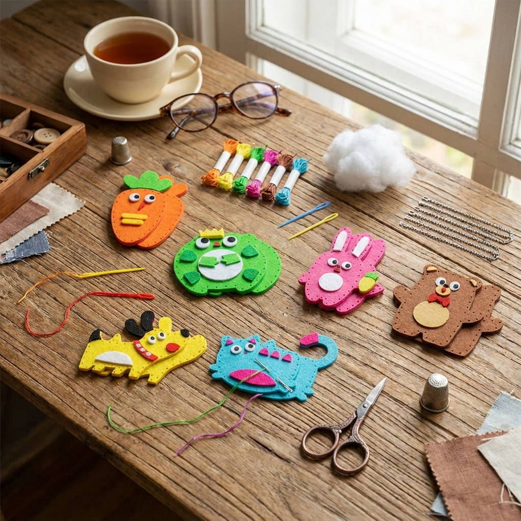 Sewing Kit for Kids, Beginner Craft Set With Blunt Needles and Simple Instructions, Animal and Vegetable Dolls