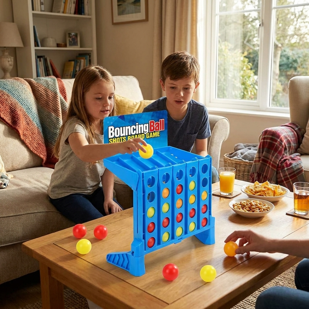 Light-Up Bounce Ball Game, Connect Four Balls in a Row on the Top Tray, Reflex Party Game for Family Nights