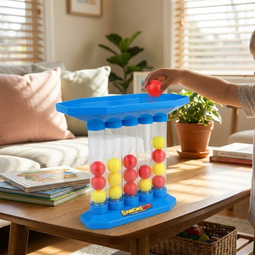 Four in a Row Bounce Ball Game, Turn-Based Bouncing Ball Set with Colorful Balls and Top Tray Grid for Kids and Family