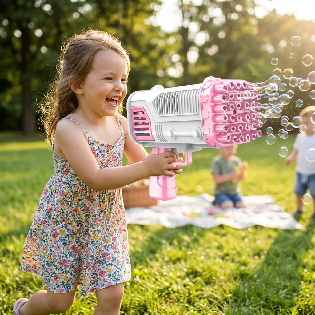 Handheld Bubble Machine Launcher with LED Light Nozzle and Bubble Solution Refills, Blue or Pink, Outdoor Party Bubble Toy