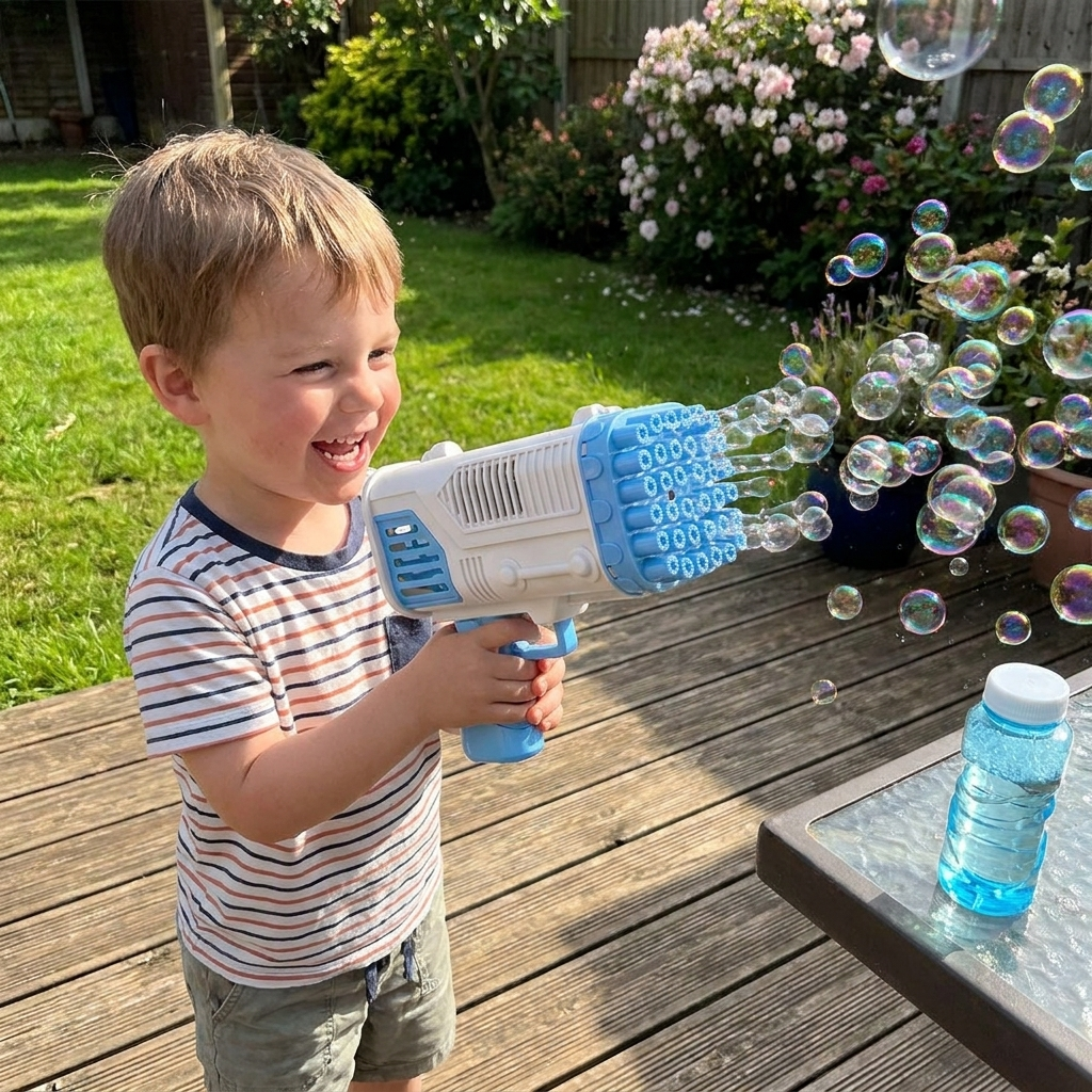 Handheld Bubble Machine Launcher with LED Light Nozzle and Bubble Solution Refills, Blue or Pink, Outdoor Party Bubble Toy