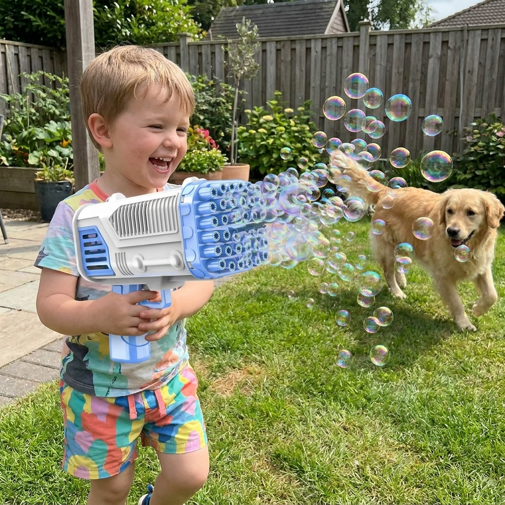 Handheld Bubble Machine Launcher with LED Light Nozzle and Bubble Solution Refills, Blue or Pink, Outdoor Party Bubble Toy