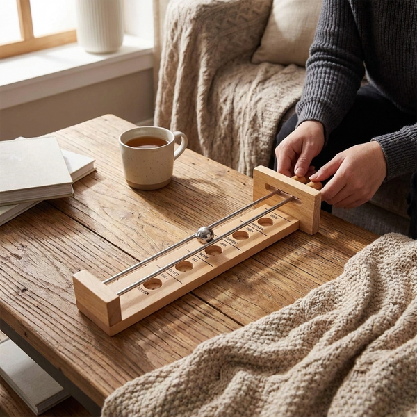Balance Ball Game, Wooden Handle Tilt Maze with Rails and Scoring Holes, Turn Based Family Tabletop Skill Game