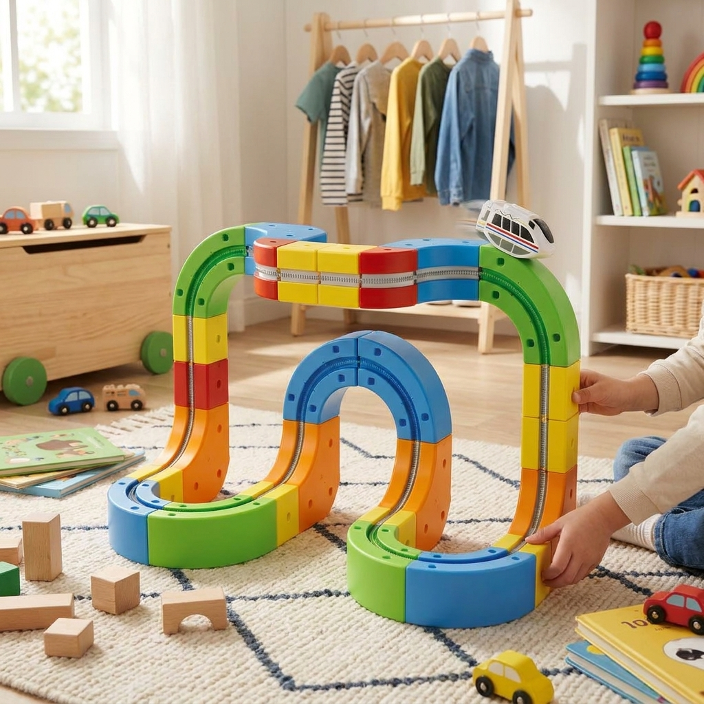 Motorized Train Track Set, Modular 3D Clip-Fit Pieces, Vertical Loops and Bridges, Creative Building Toy for Kids