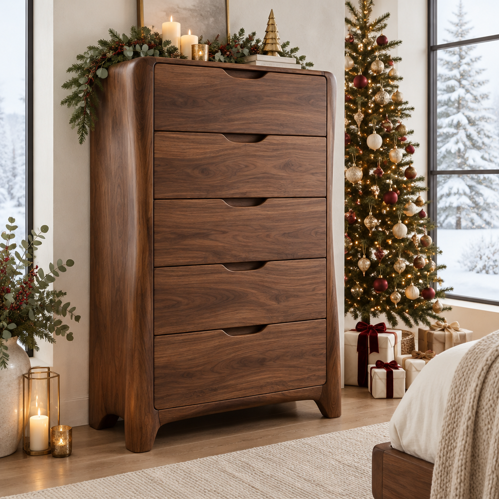 Atelier Sculpted Tall Chest in a Christmas home