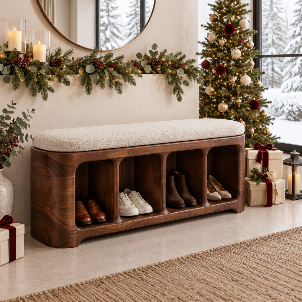 Atelier Sculpted Shoe Storage Bench in a Christmas home