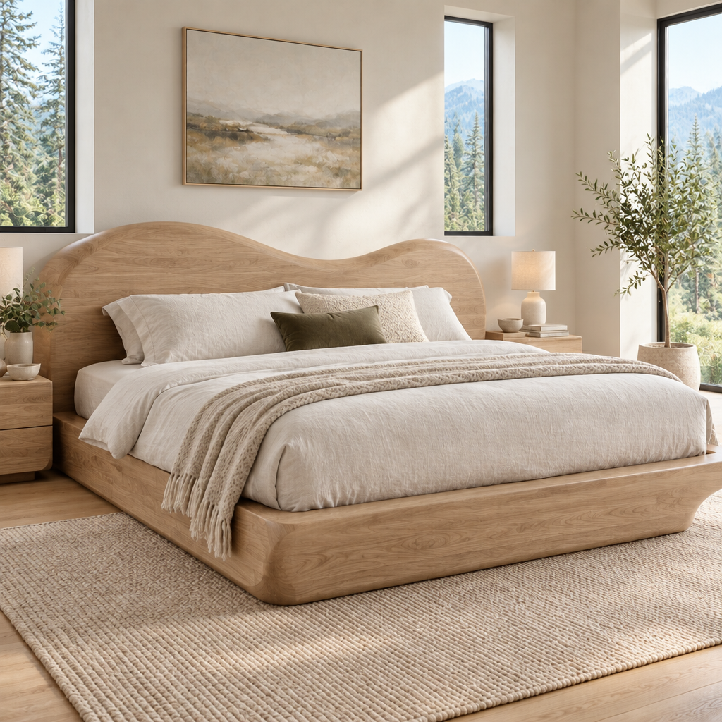 Atelier Wave Headboard Platform Bed in Natural Oak finish
