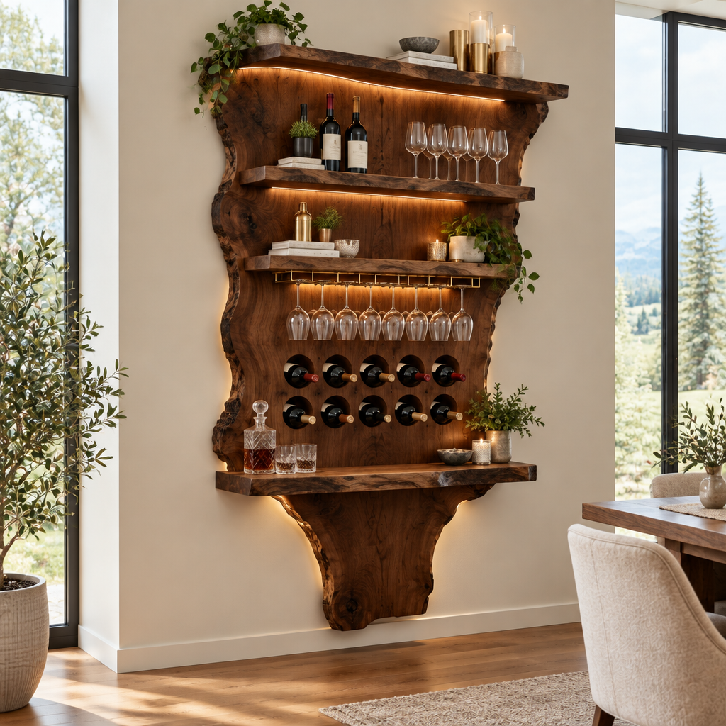 Riverbend Live-Edge Wine Bar Wall in Dark Walnut Stain finish