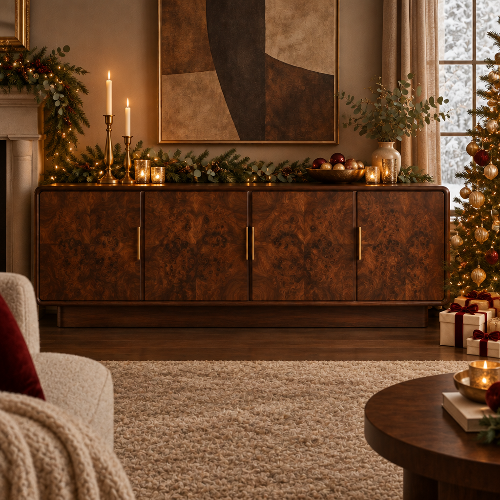 Sable Burl Credenza styled for the holidays