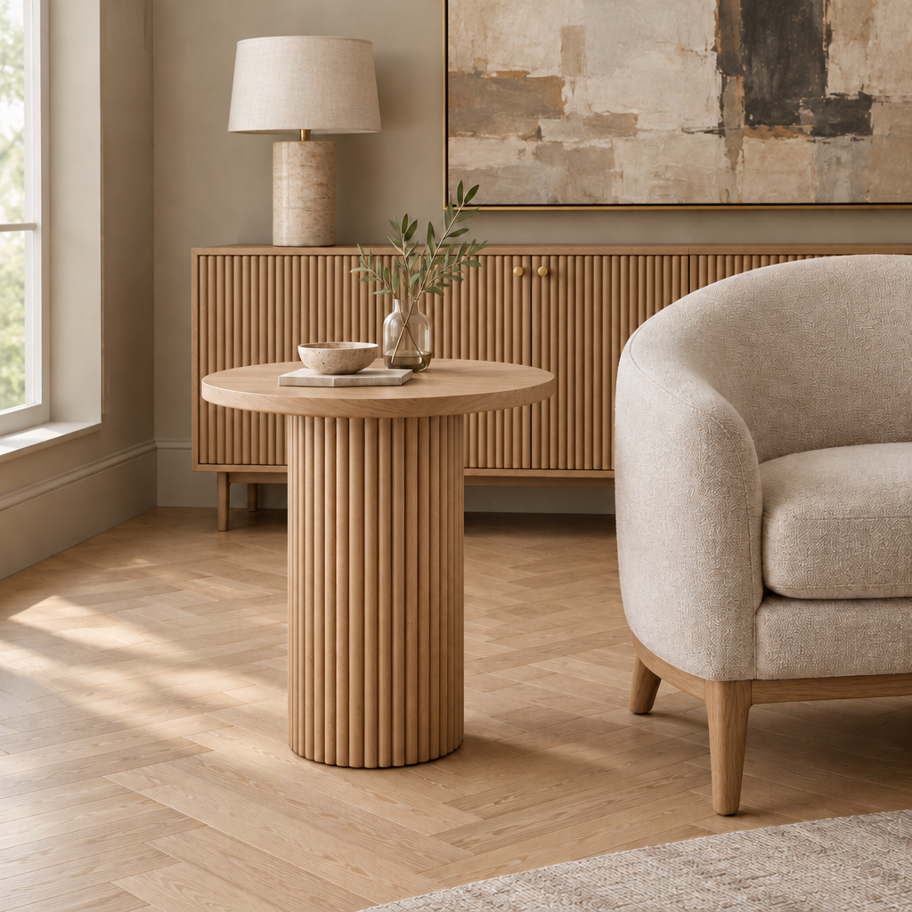 Arden Fluted Pedestal Side Table in Natural Oak finish