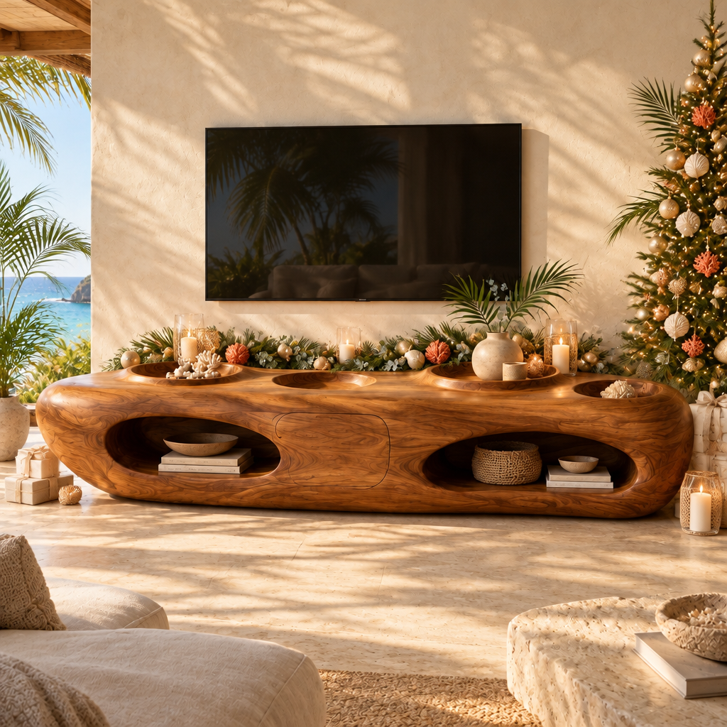 Solana Tide-Pool Media Console styled for the holidays