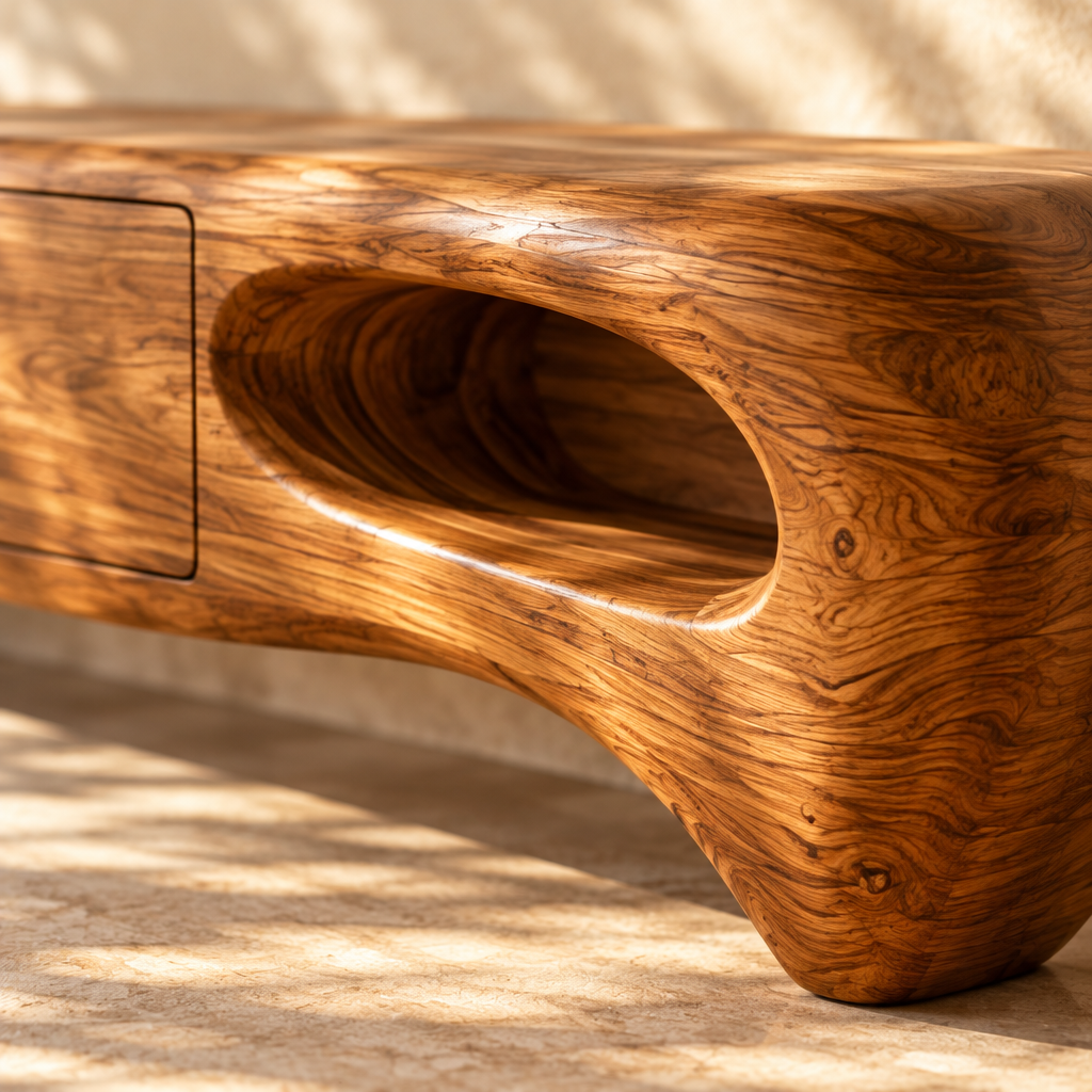 Solana Lagoon Sculpted Media Console teak grain close-up
