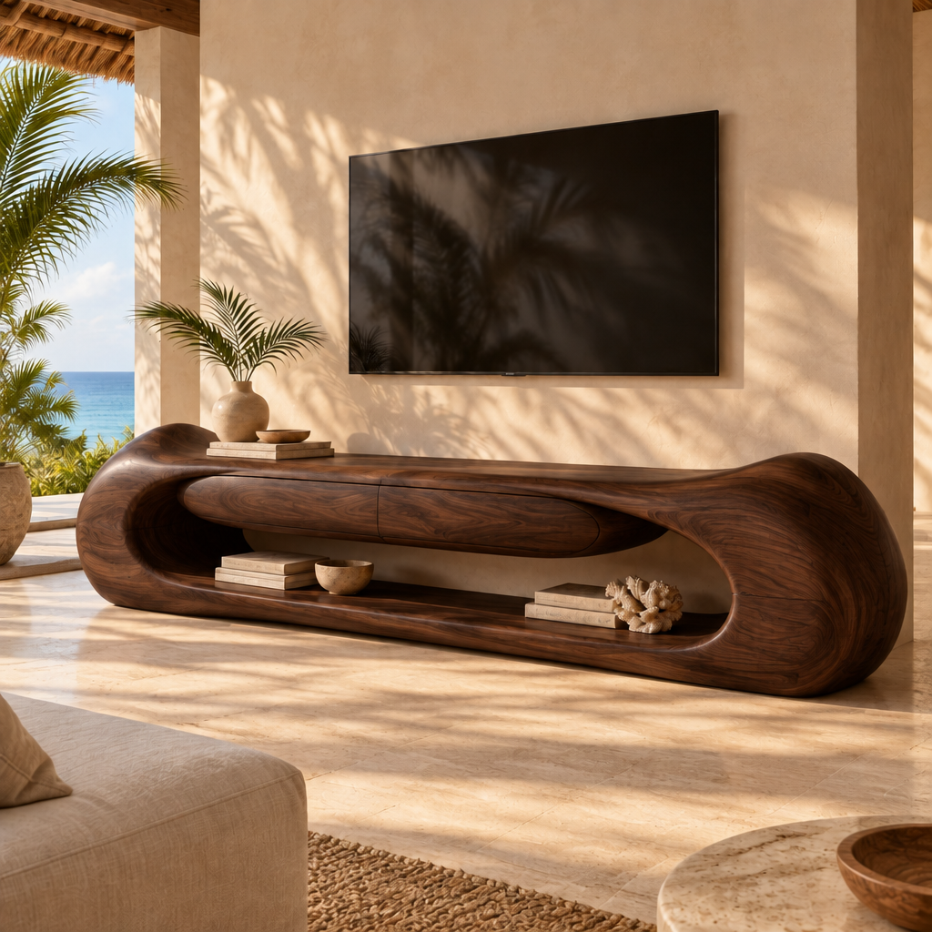 Solana Dune Sculpted Media Console in Dark Teak finish