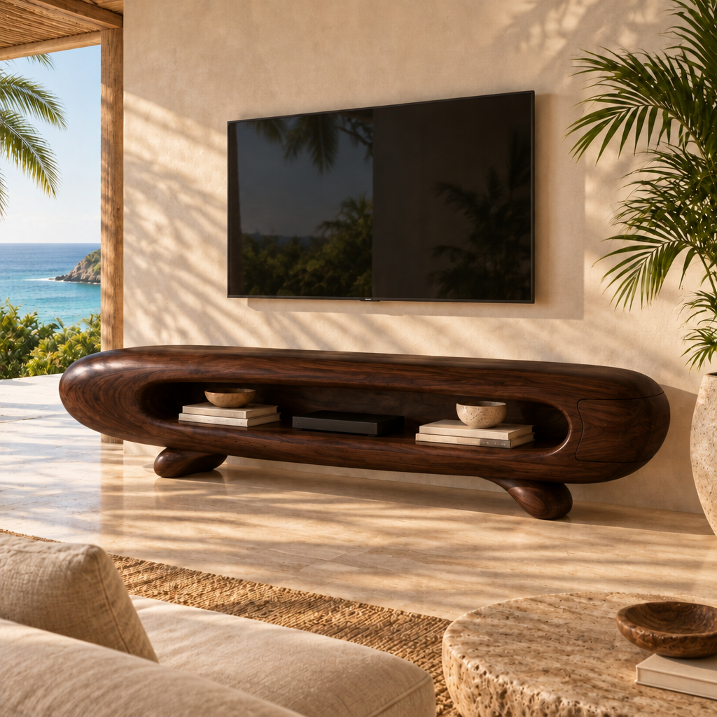 Solana Seed-Pod Media Console in Dark Teak finish