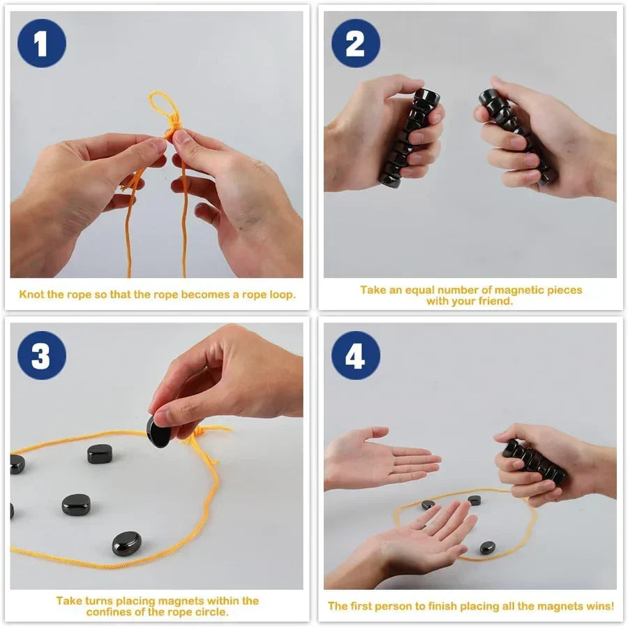 Magnetic Stones Game with Cord, Drop Your Magnets Without Clustering Them, First Player to Run Out Wins
