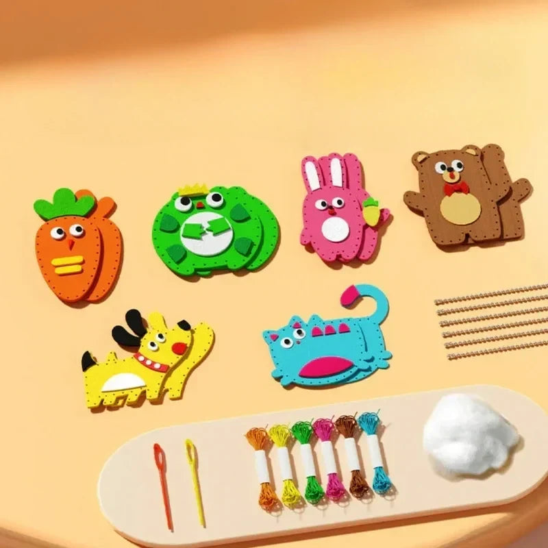 Sewing Kit for Kids, Beginner Craft Set With Blunt Needles and Simple Instructions, Animal and Vegetable Dolls