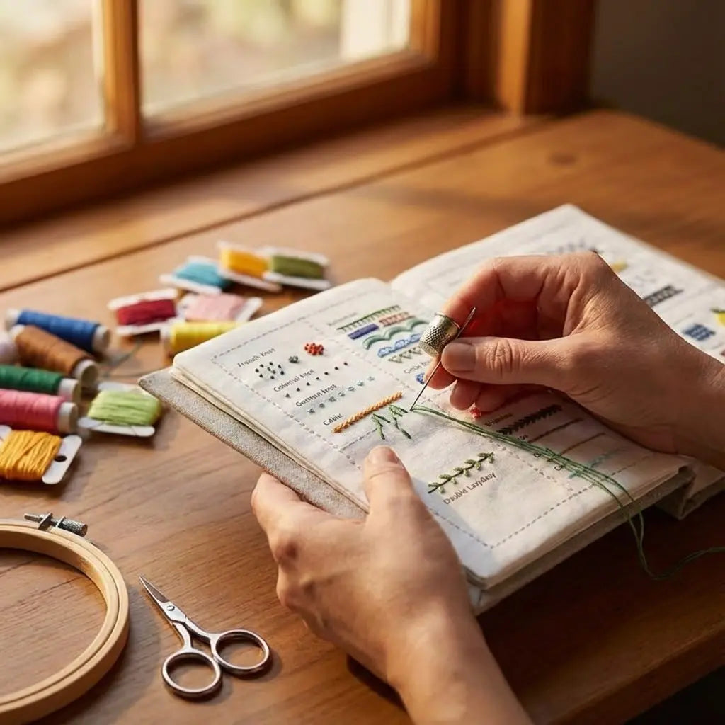 Embroidery Kit with Fabric Stitch Sampler Book and Tool Set, Portable Hand Sewing Practice Kit for Beginners