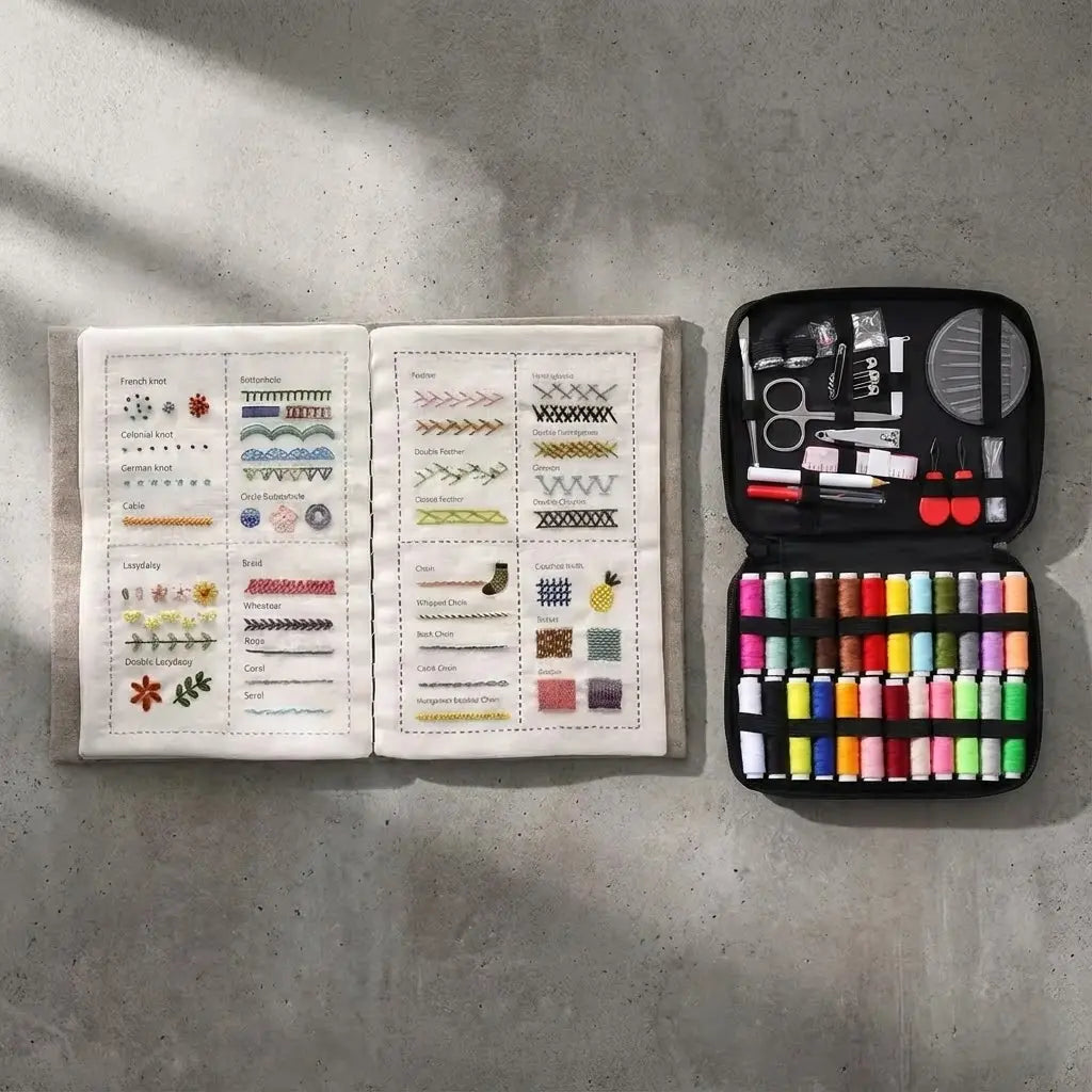 Embroidery Kit with Fabric Stitch Sampler Book and Tool Set, Portable Hand Sewing Practice Kit for Beginners