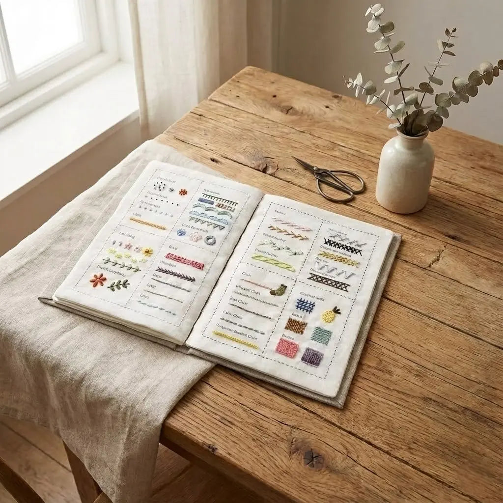 Embroidery Kit with Fabric Stitch Sampler Book and Tool Set, Portable Hand Sewing Practice Kit for Beginners