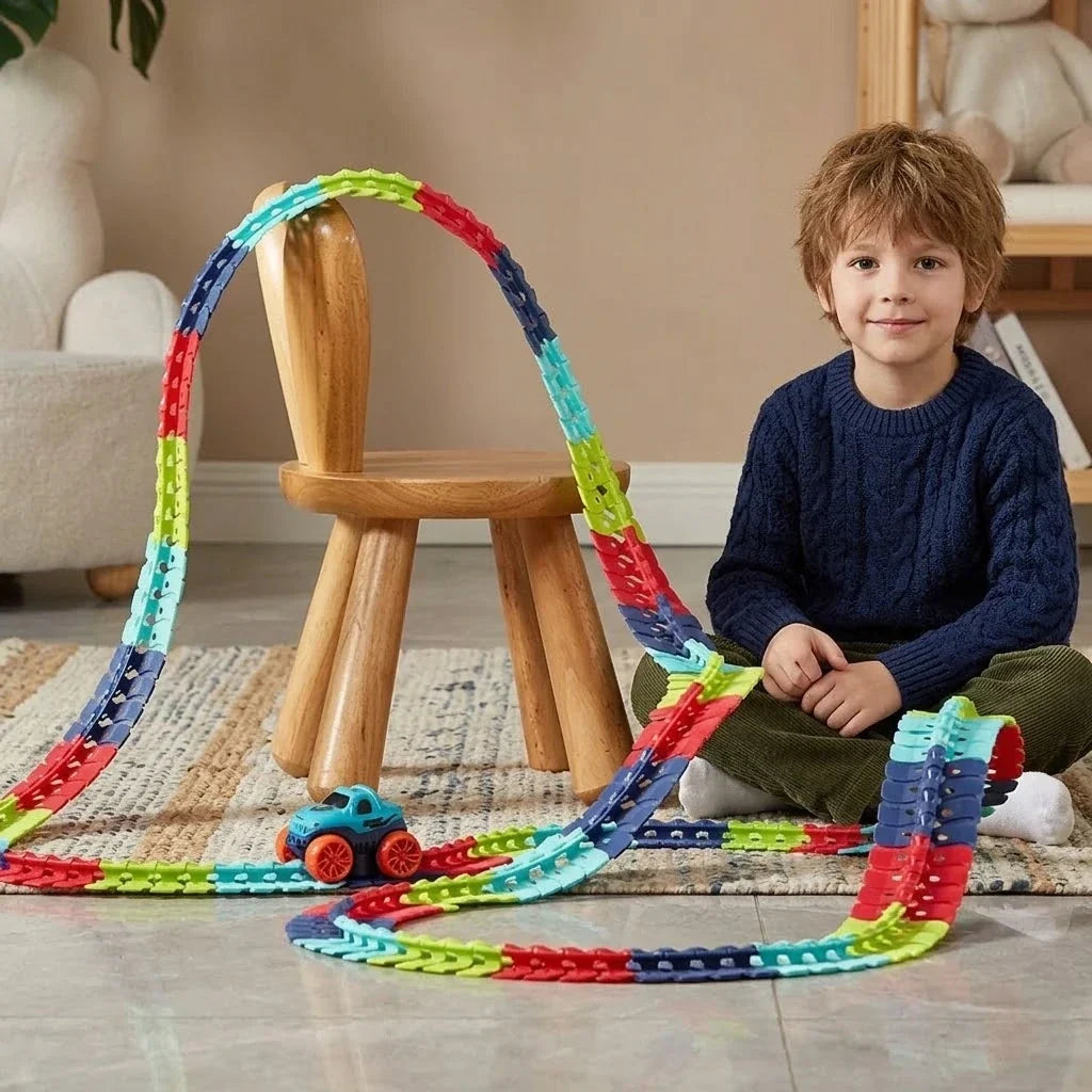Snap Together Race Car Track Set with Light Up Climbing Car, Build Loops, Curves and Twists for Indoor Play