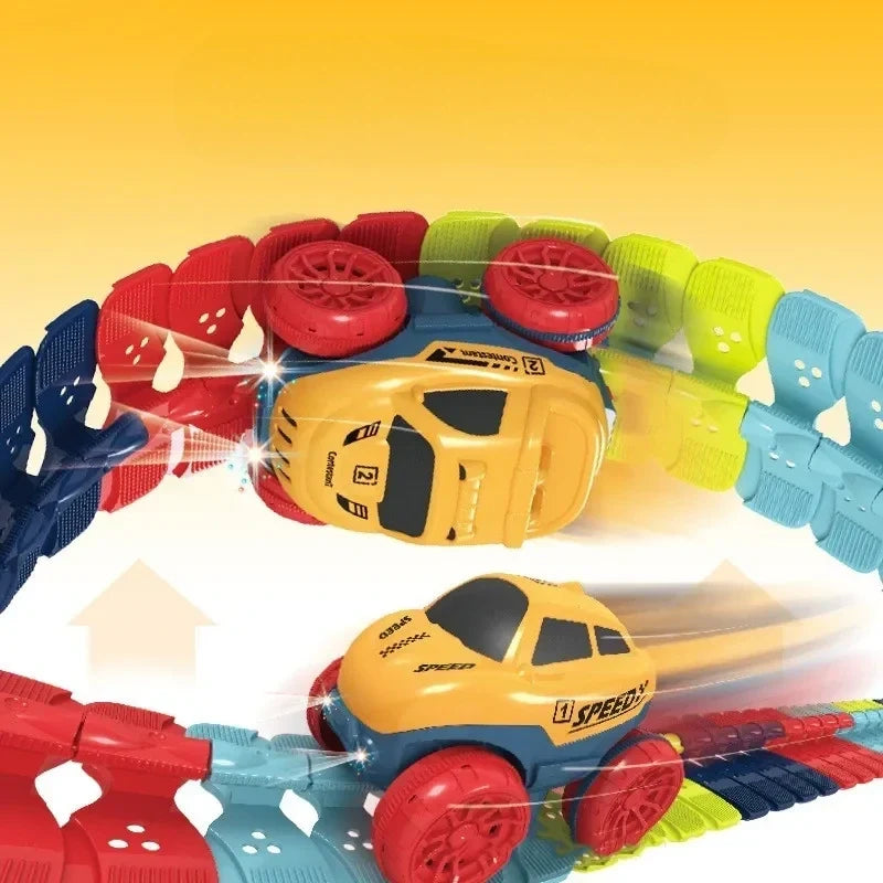 Snap Together Race Car Track Set with Light Up Climbing Car, Build Loops, Curves and Twists for Indoor Play