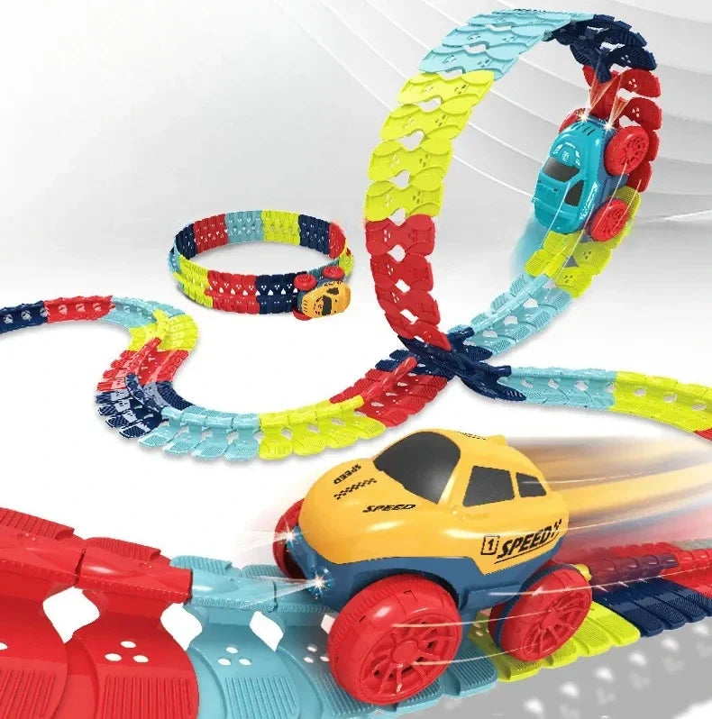 Snap Together Race Car Track Set with Light Up Climbing Car, Build Loops, Curves and Twists for Indoor Play