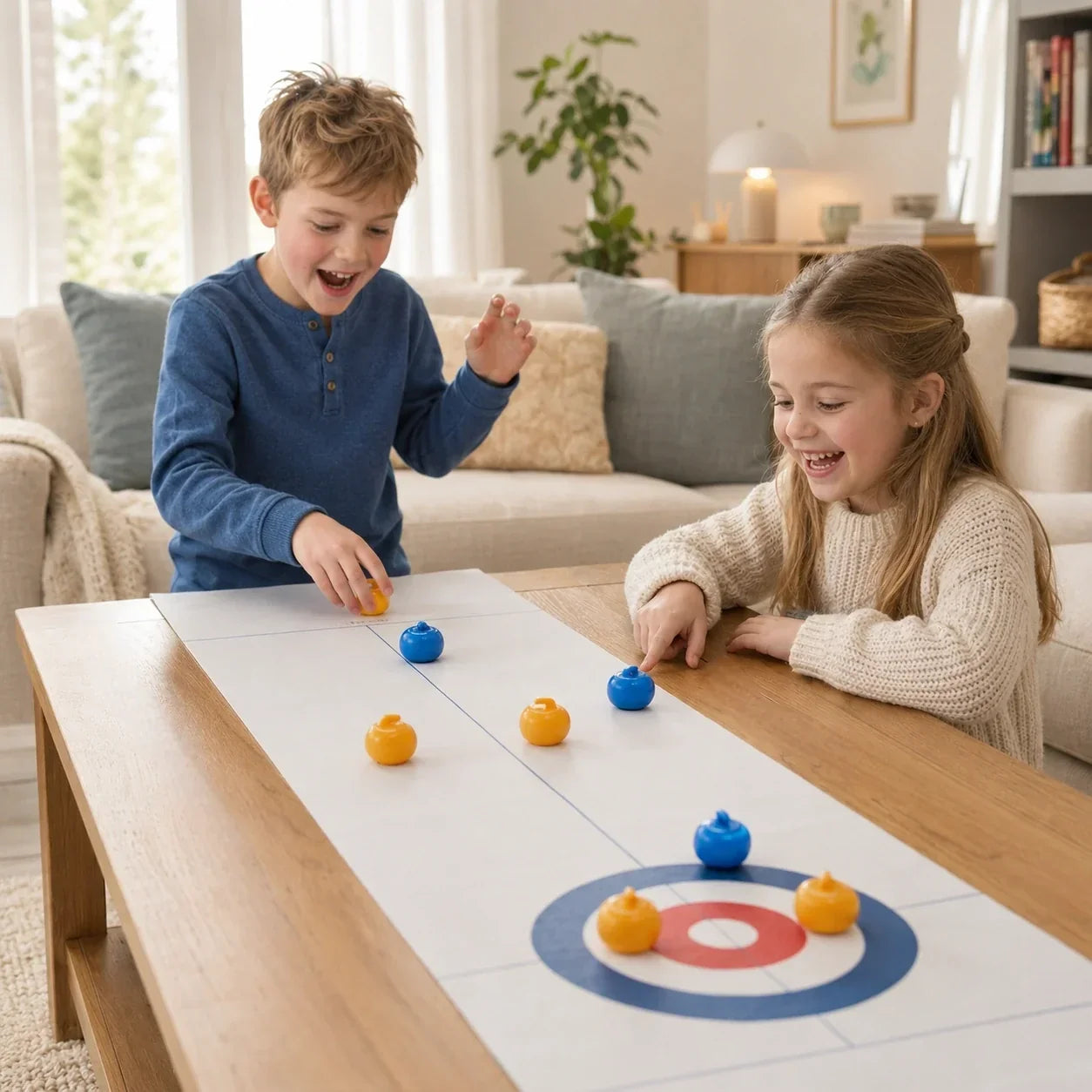 Indoor Curling Game Set, Tabletop Sliding Stone Board Game with Colored Stones and Center Target, Family Party Game for Kids and Adults